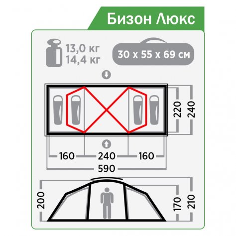Normal большая кемпинговая палатка Бизон Люкс 4 (тёмно-зелёный)