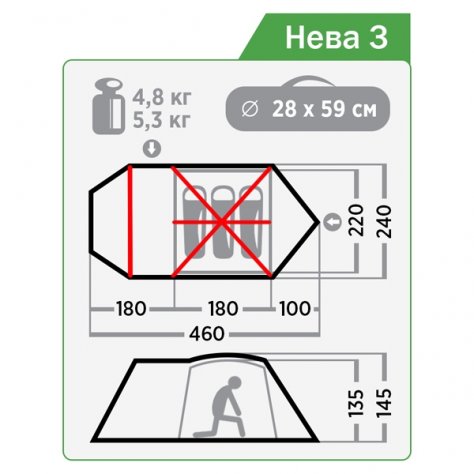 Normal палатка с большим тамбуром Нева 3 (тёмно-зеленый)